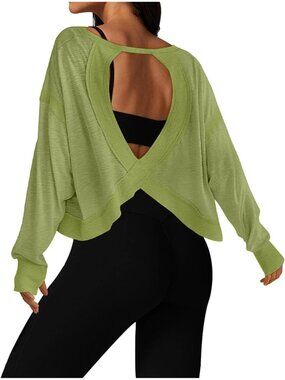 Women's Grass Green Long Sleeve Cropped Top Athletic Clothes Workout T Shirts